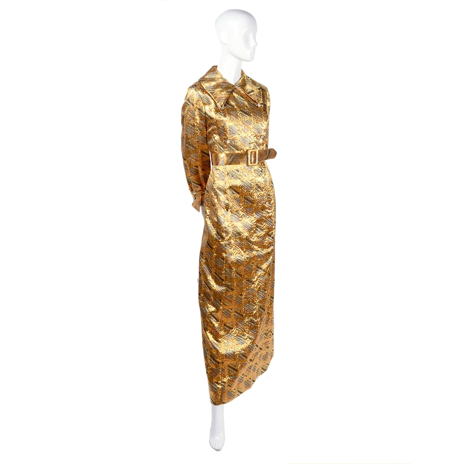 1970's Dynasty Gold and Silver Metallic Vintage Dress With Belt