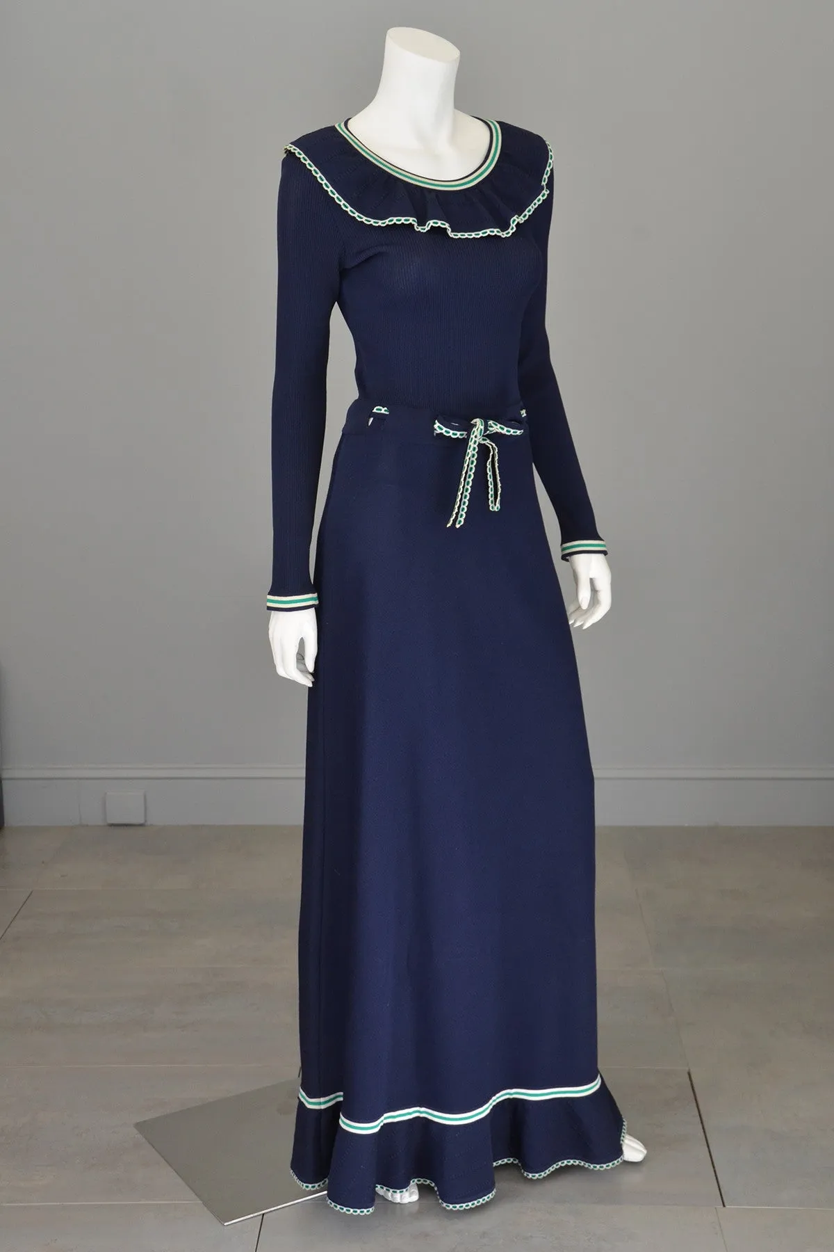 1970s Navy Blue Stripes Ruffles Ribbed Knit Maxi Dress Nautical