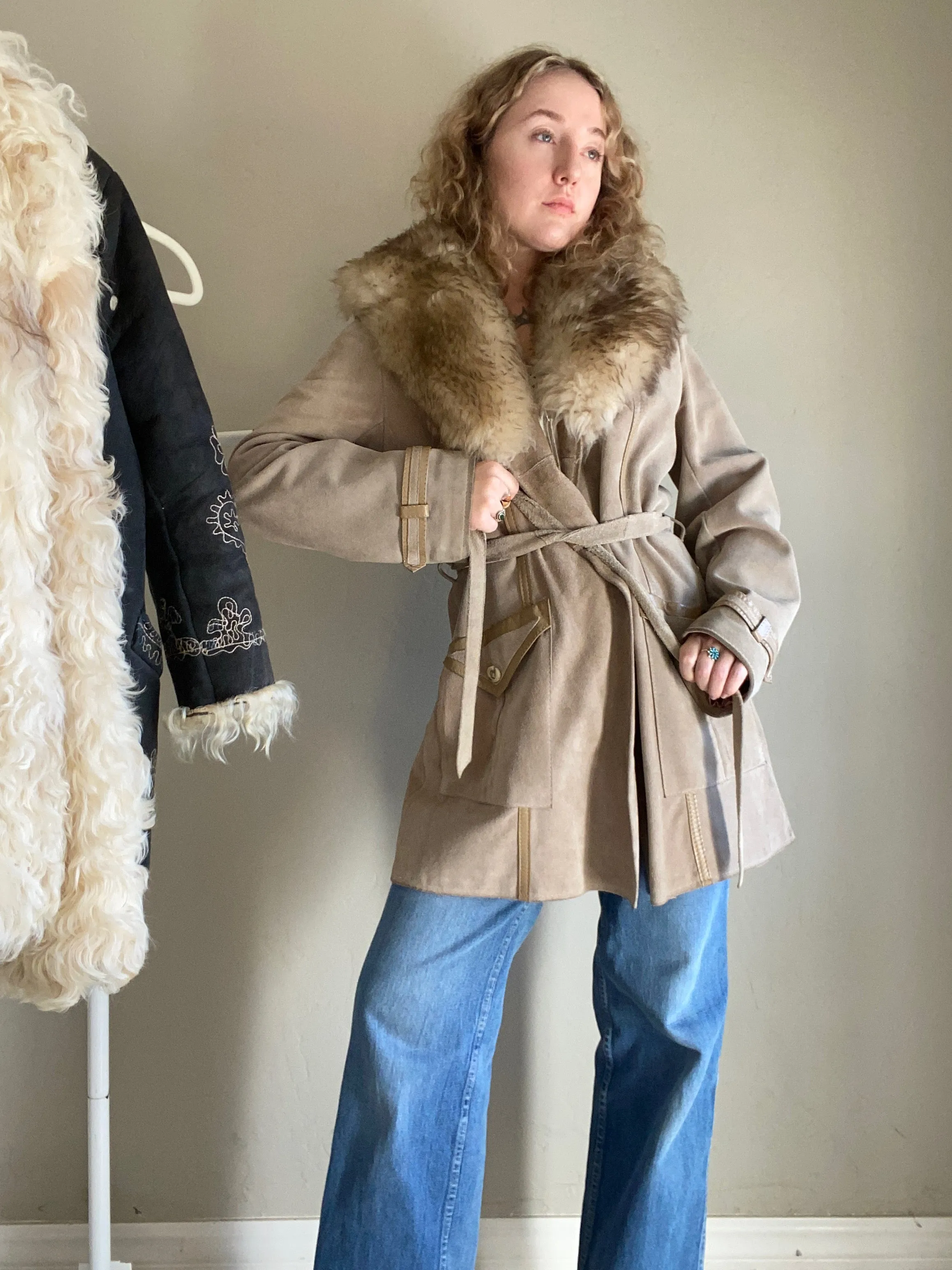 1970s Suede Leather Penny Lane Coat with Shearling Lamb Collar