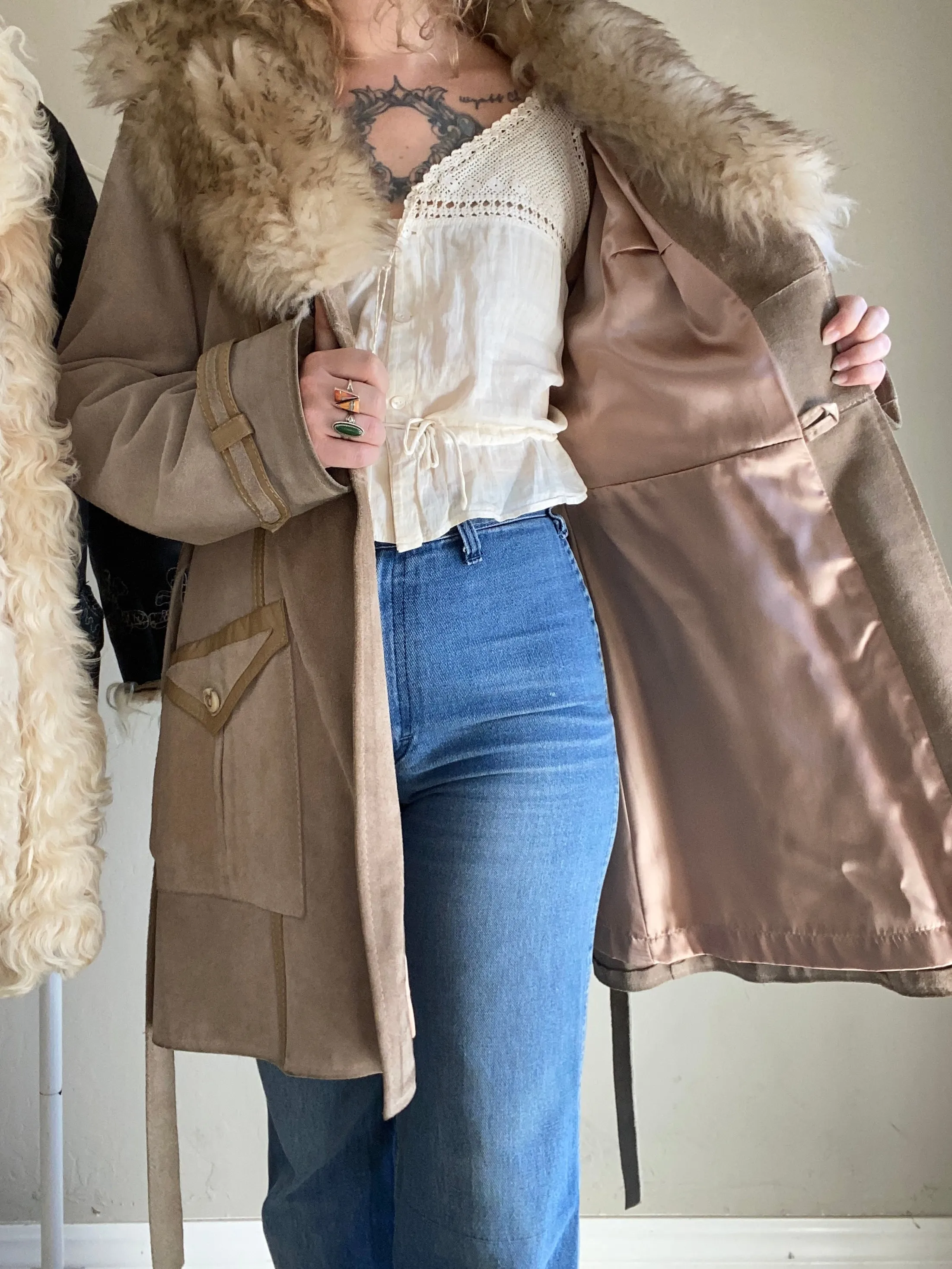 1970s Suede Leather Penny Lane Coat with Shearling Lamb Collar