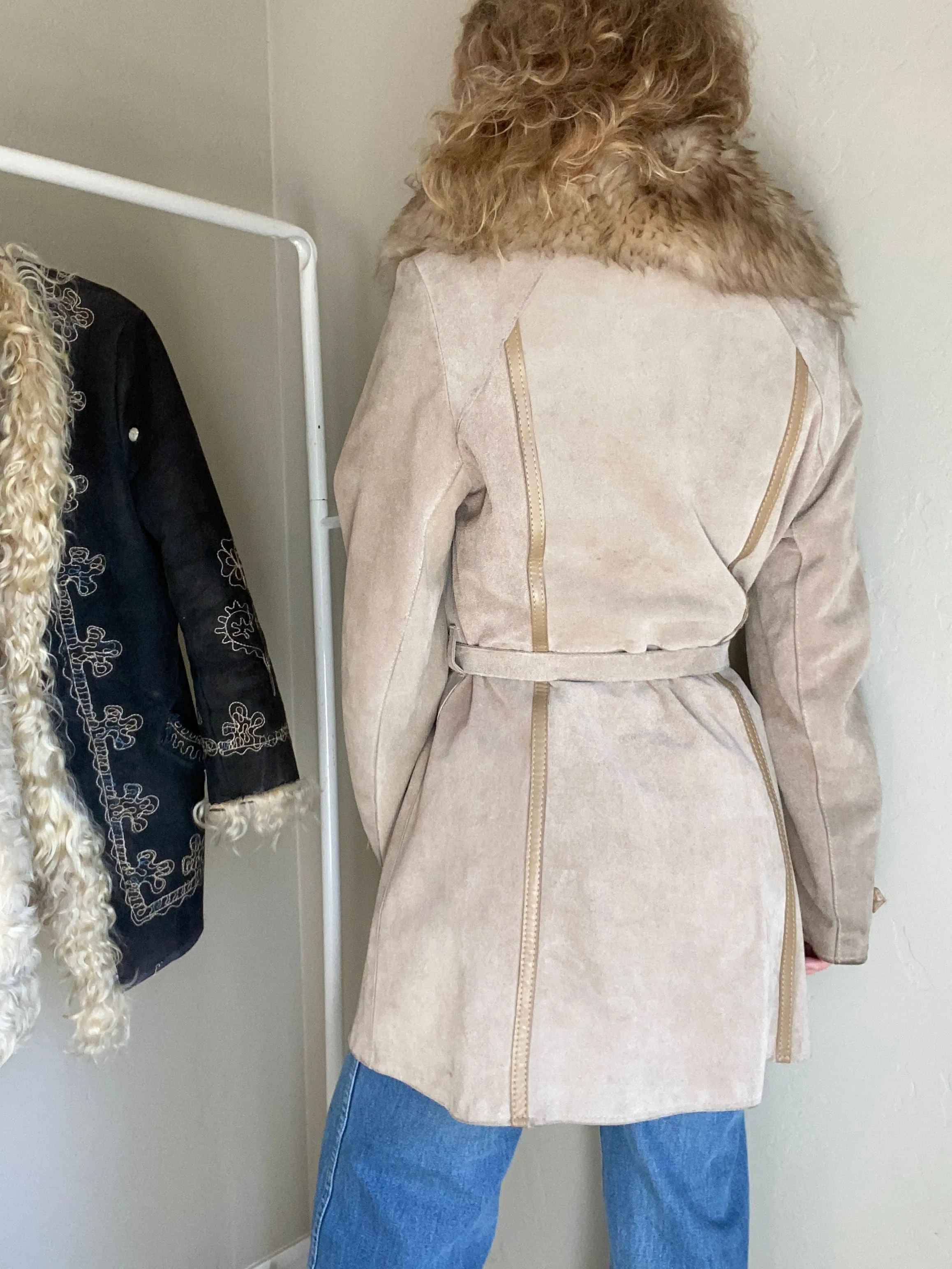 1970s Suede Leather Penny Lane Coat with Shearling Lamb Collar