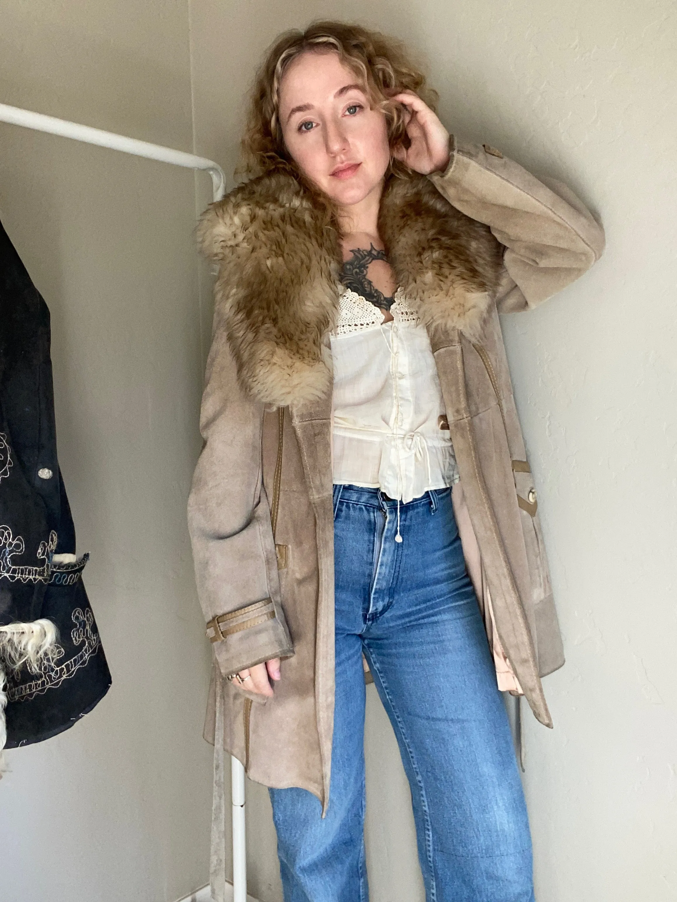 1970s Suede Leather Penny Lane Coat with Shearling Lamb Collar