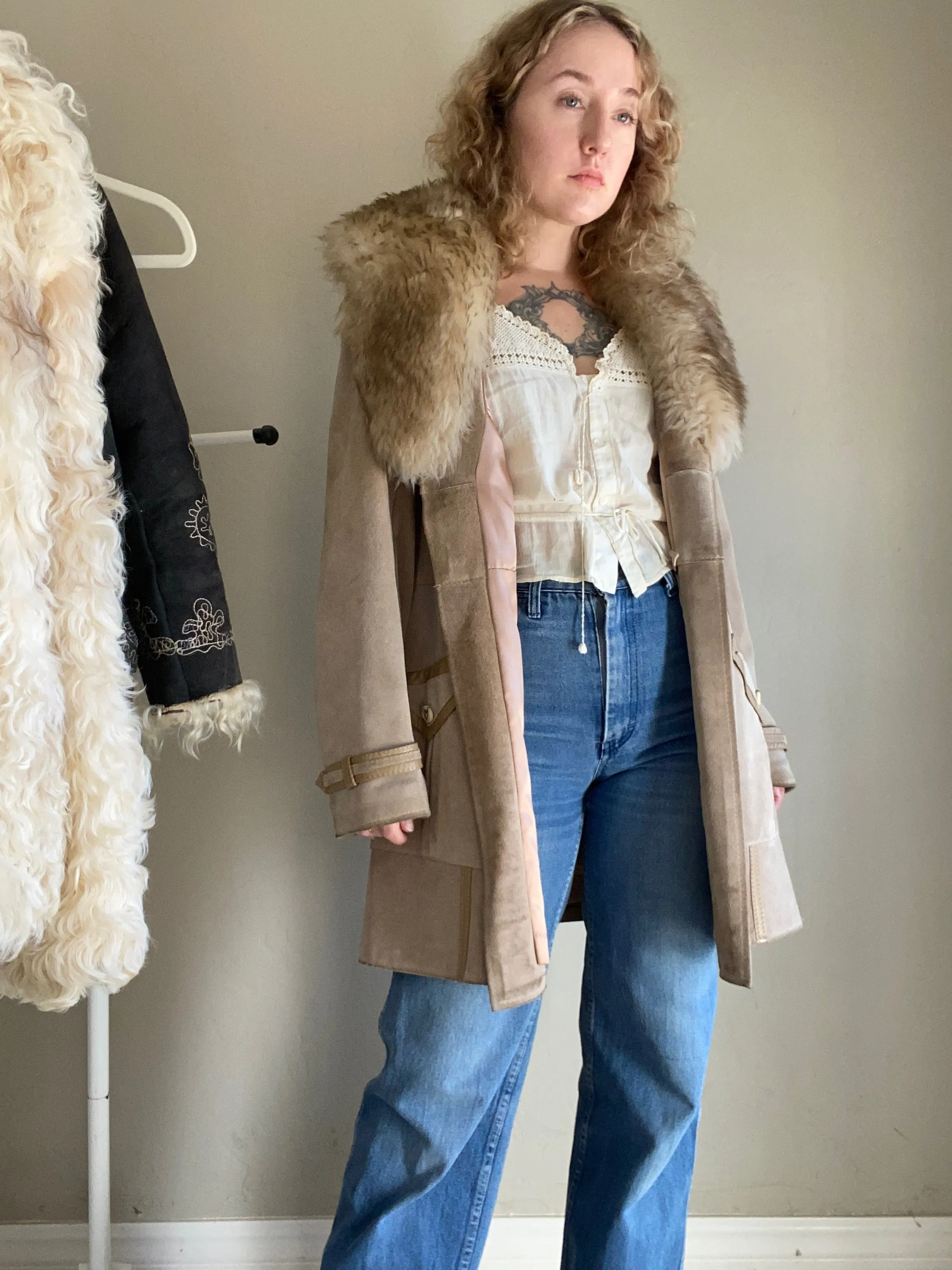 1970s Suede Leather Penny Lane Coat with Shearling Lamb Collar