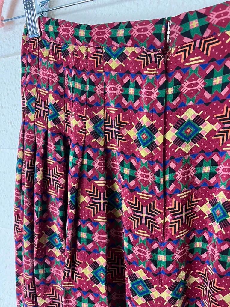 1980s SILK PLEATED GEOMETRIC PRINT SKIRT - xs to small