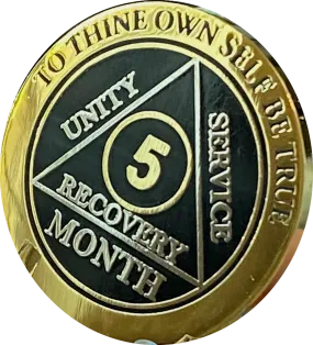 5 Month AA Medallion Reflex Black Gold Plated Sobriety Chip