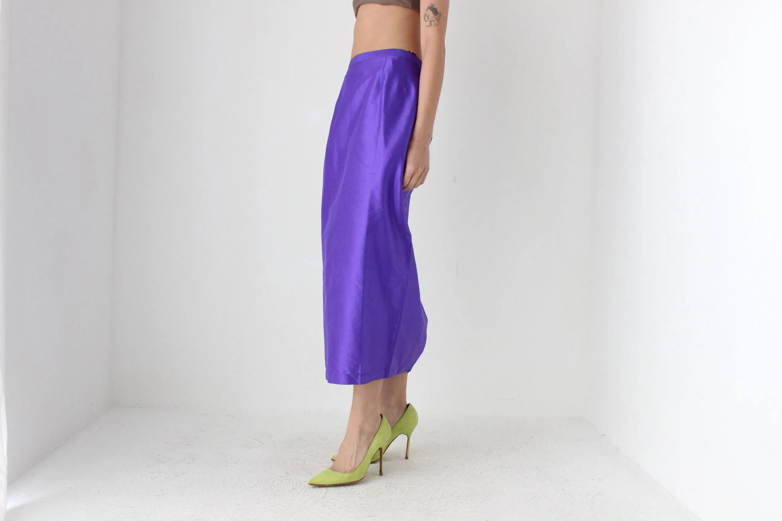 90s Purple Shantung Silk High Waist Column Midi Skirt