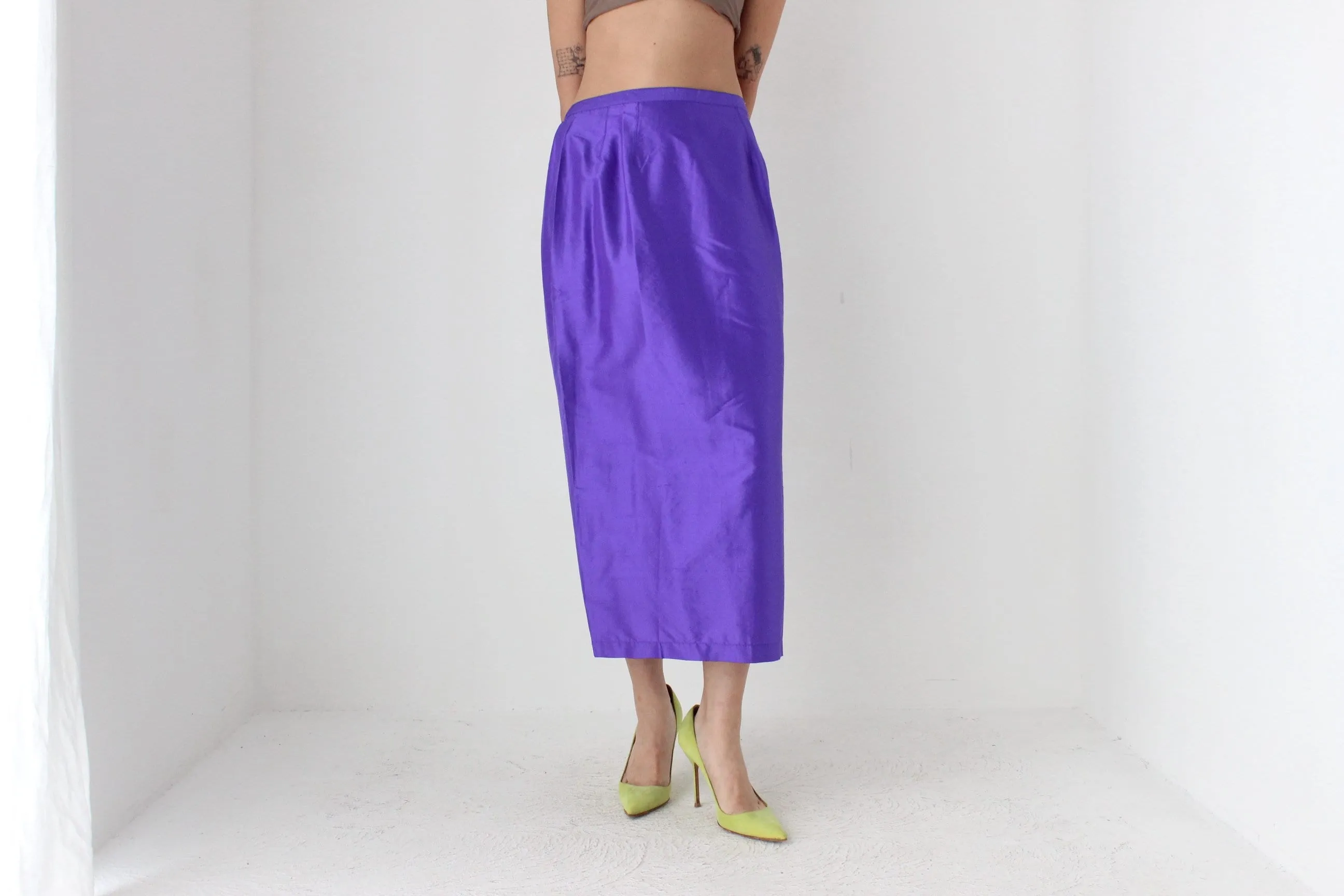 90s Purple Shantung Silk High Waist Column Midi Skirt