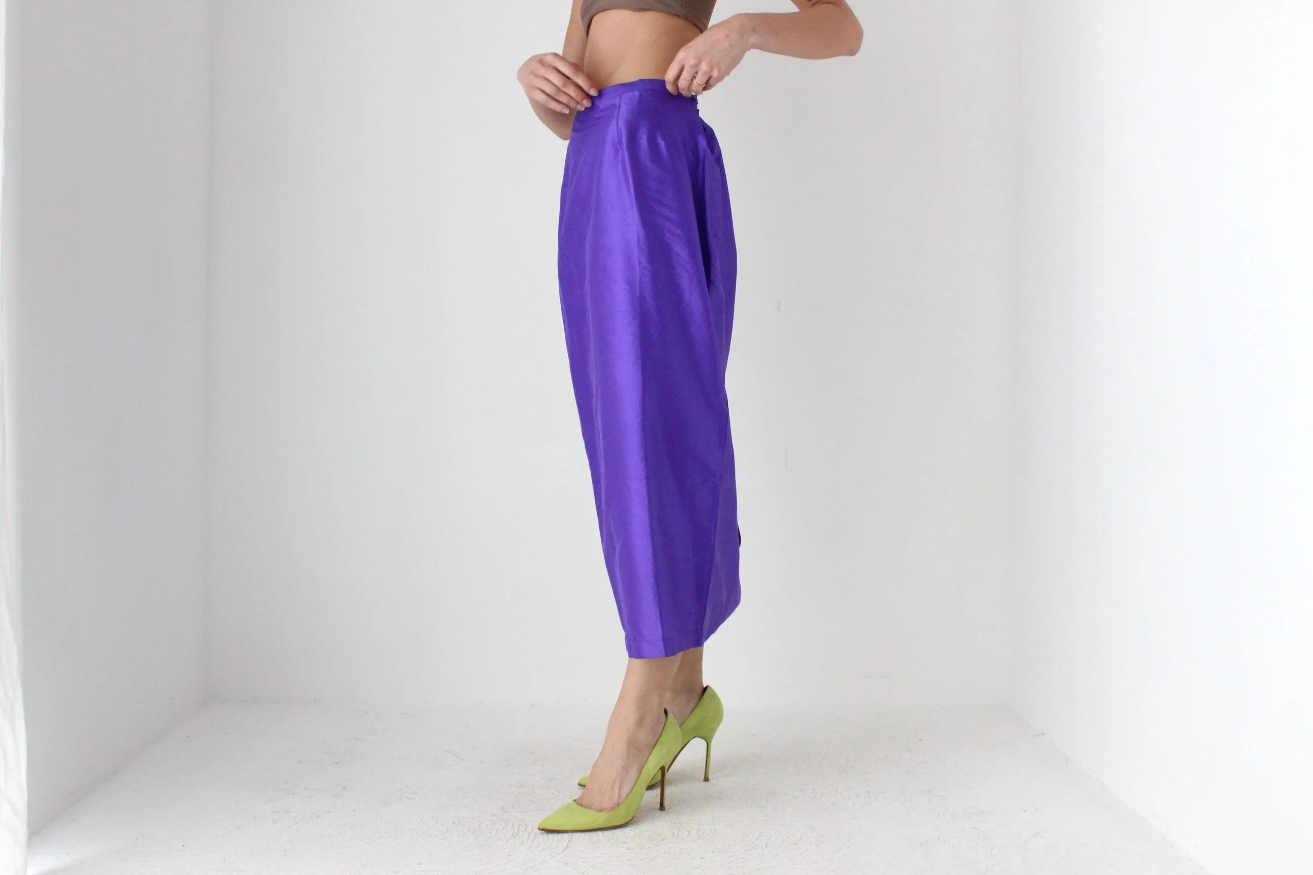 90s Purple Shantung Silk High Waist Column Midi Skirt