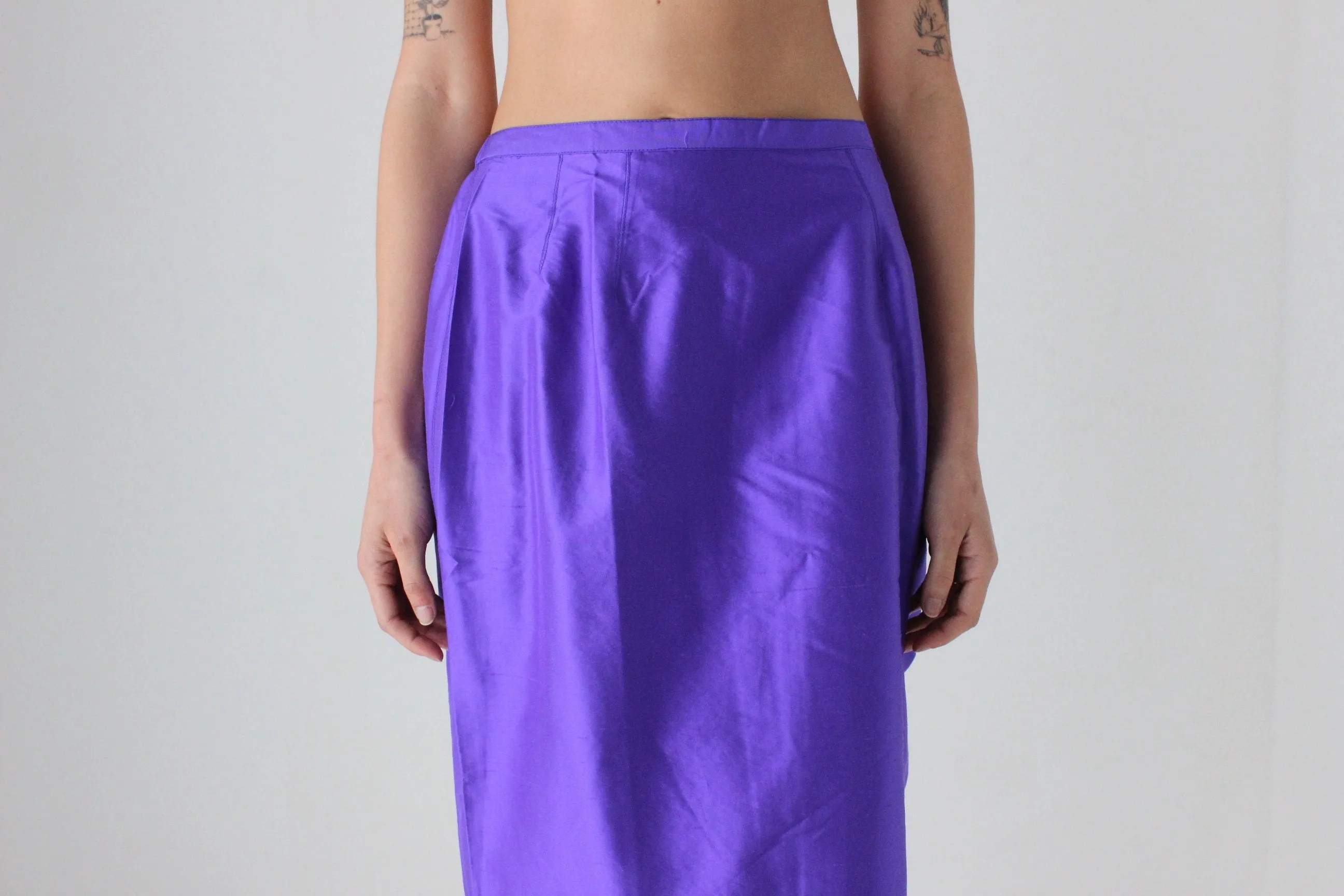 90s Purple Shantung Silk High Waist Column Midi Skirt