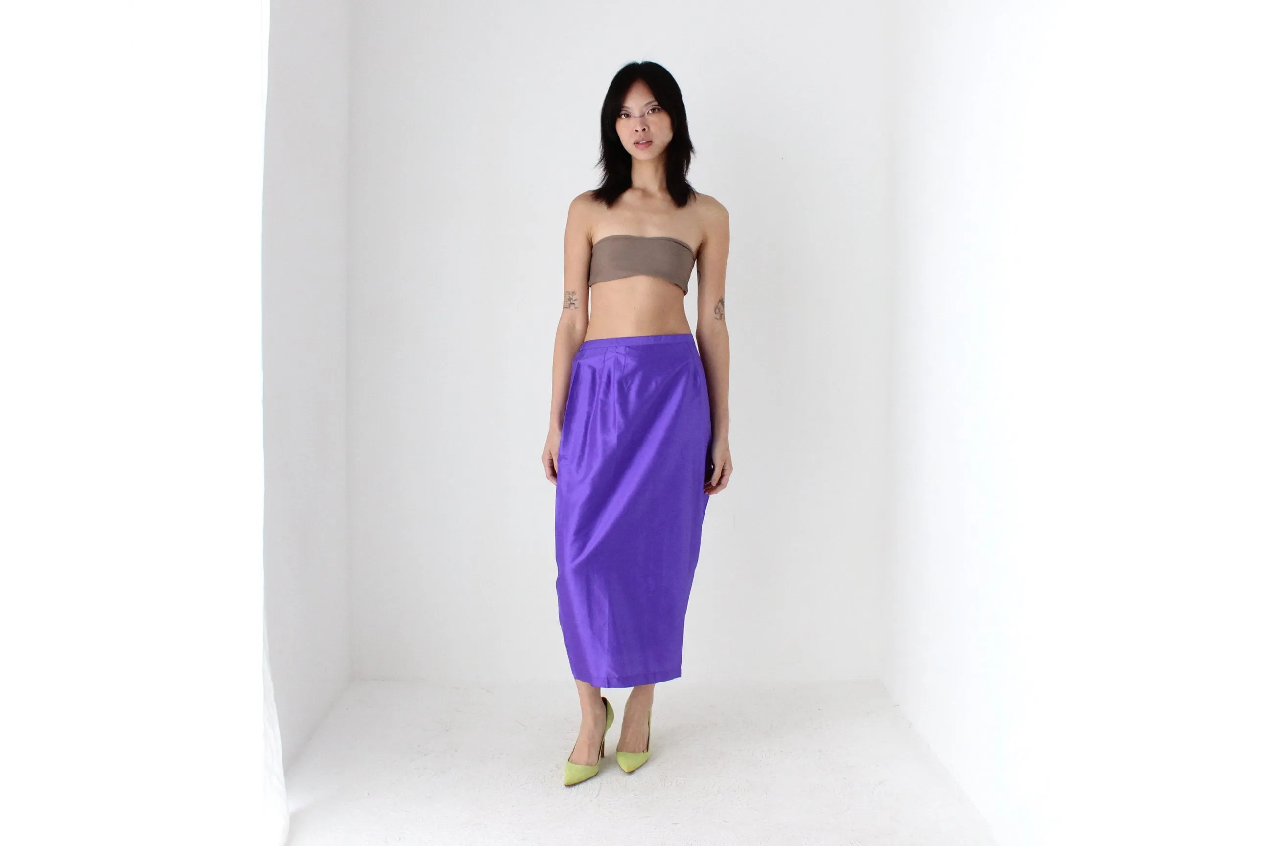 90s Purple Shantung Silk High Waist Column Midi Skirt