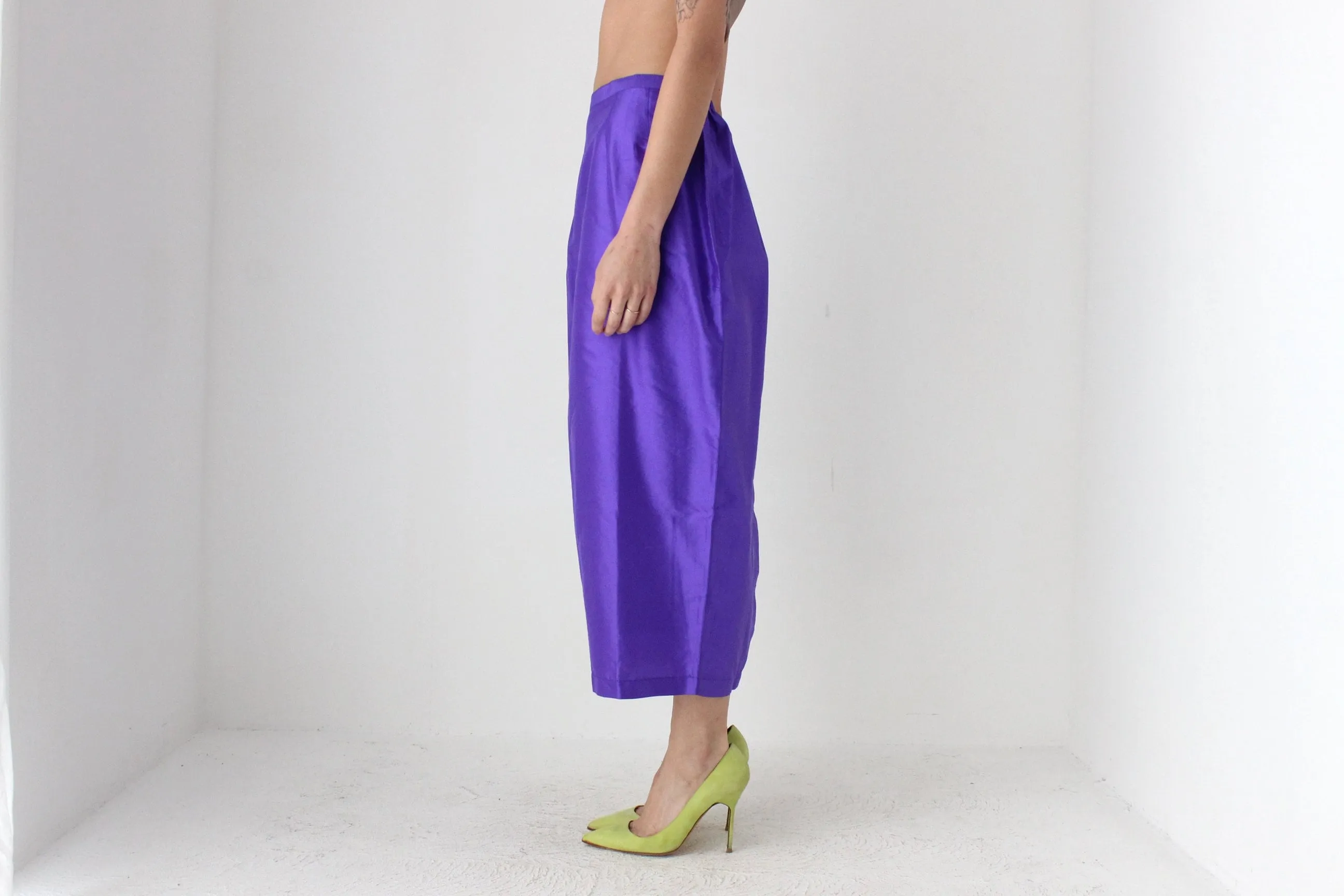 90s Purple Shantung Silk High Waist Column Midi Skirt