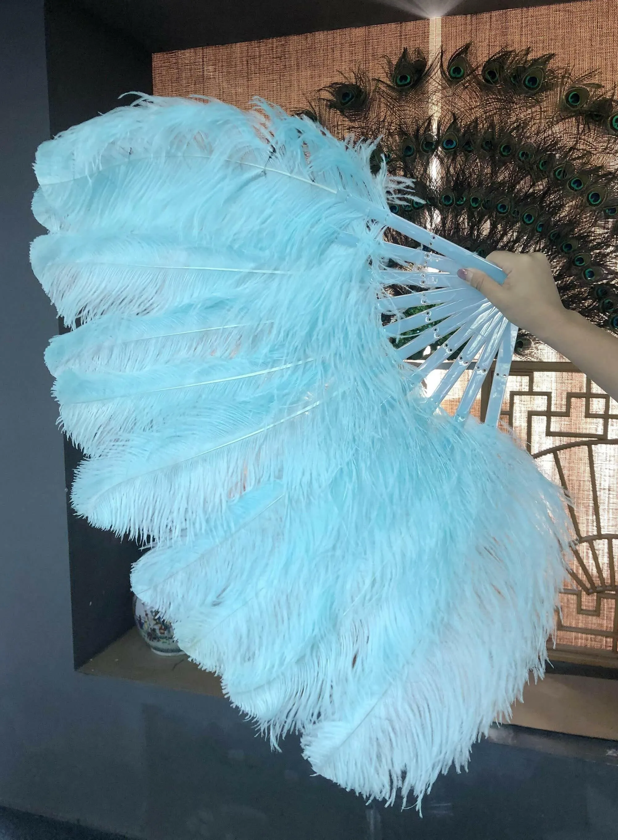 A pair aqua Single layer Feather fan 24"x 41"