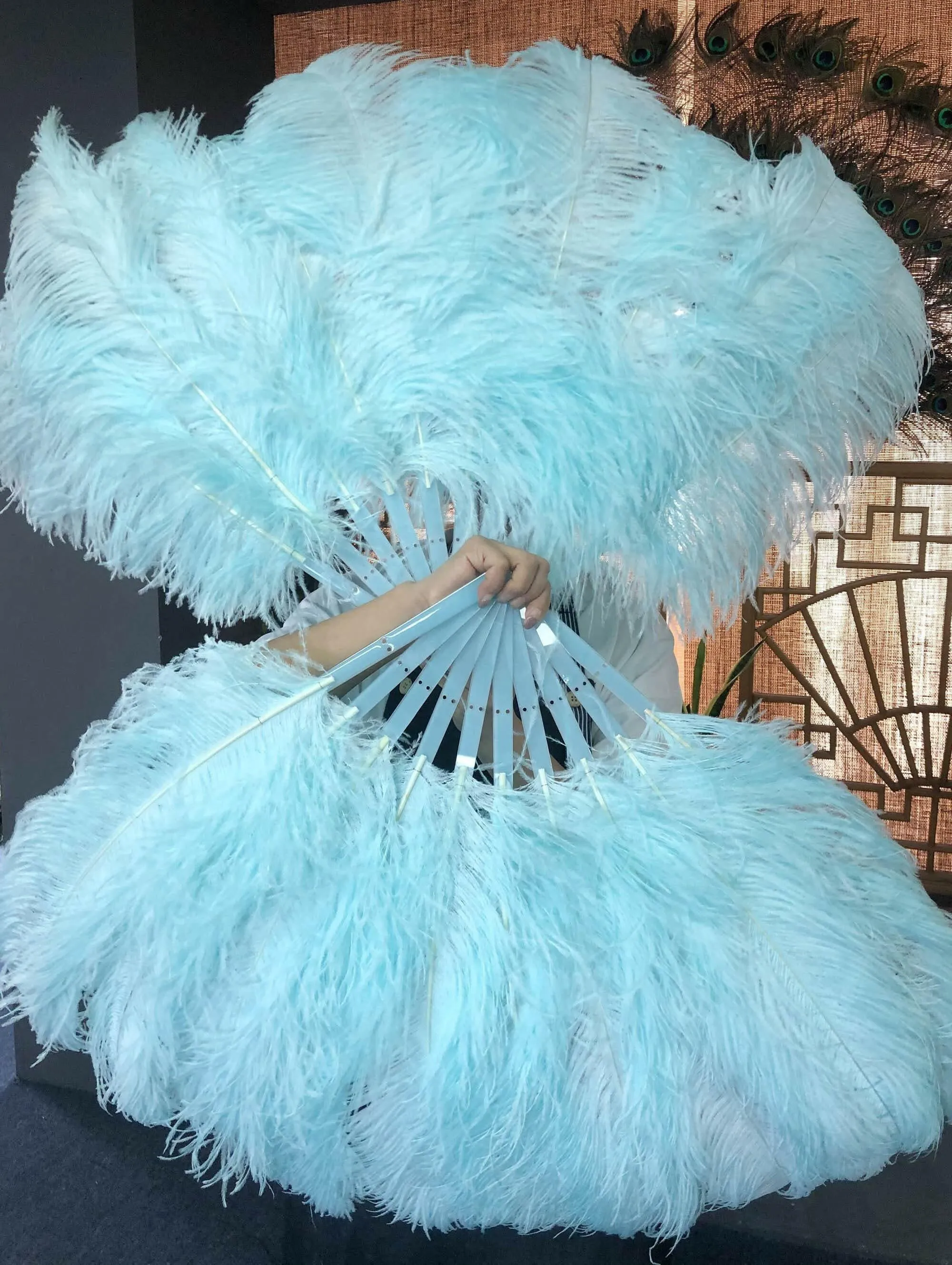 A pair aqua Single layer Feather fan 24"x 41"