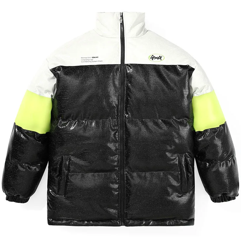 Alligator PU Leather Color Block Padded Coat