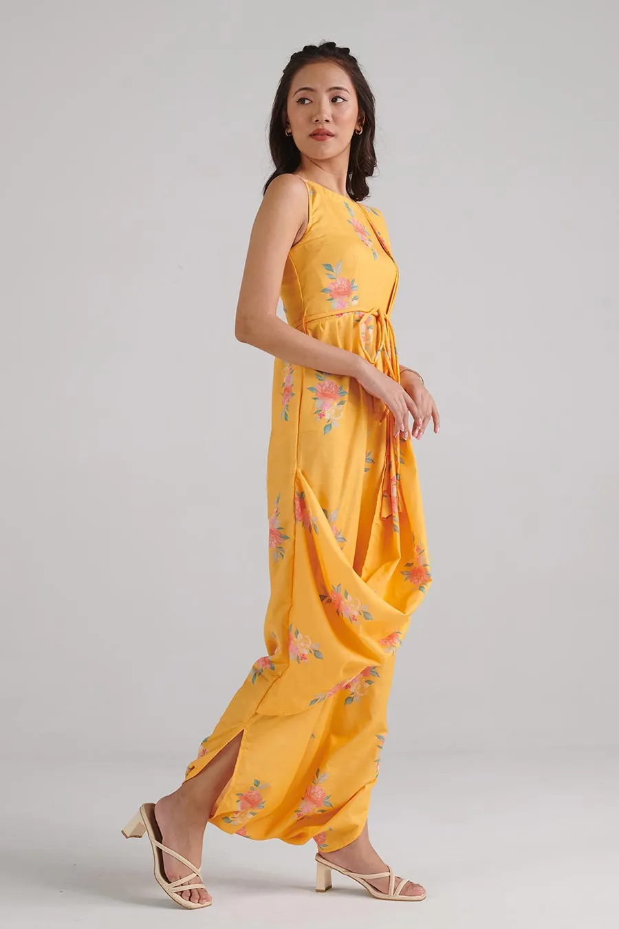 Amber Yellow Floral Print Saree Jumpsuit