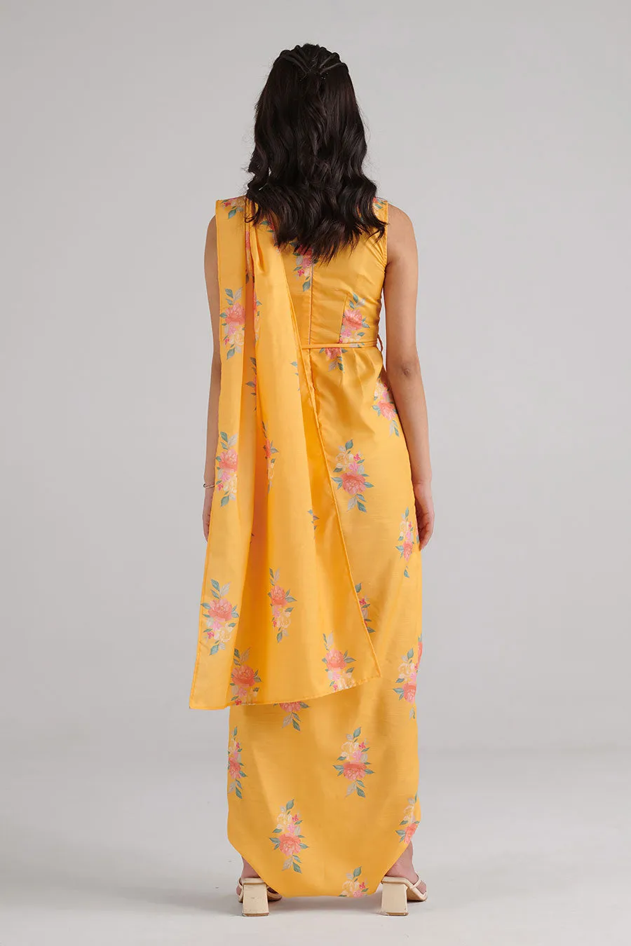 Amber Yellow Floral Print Saree Jumpsuit