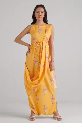 Amber Yellow Floral Print Saree Jumpsuit