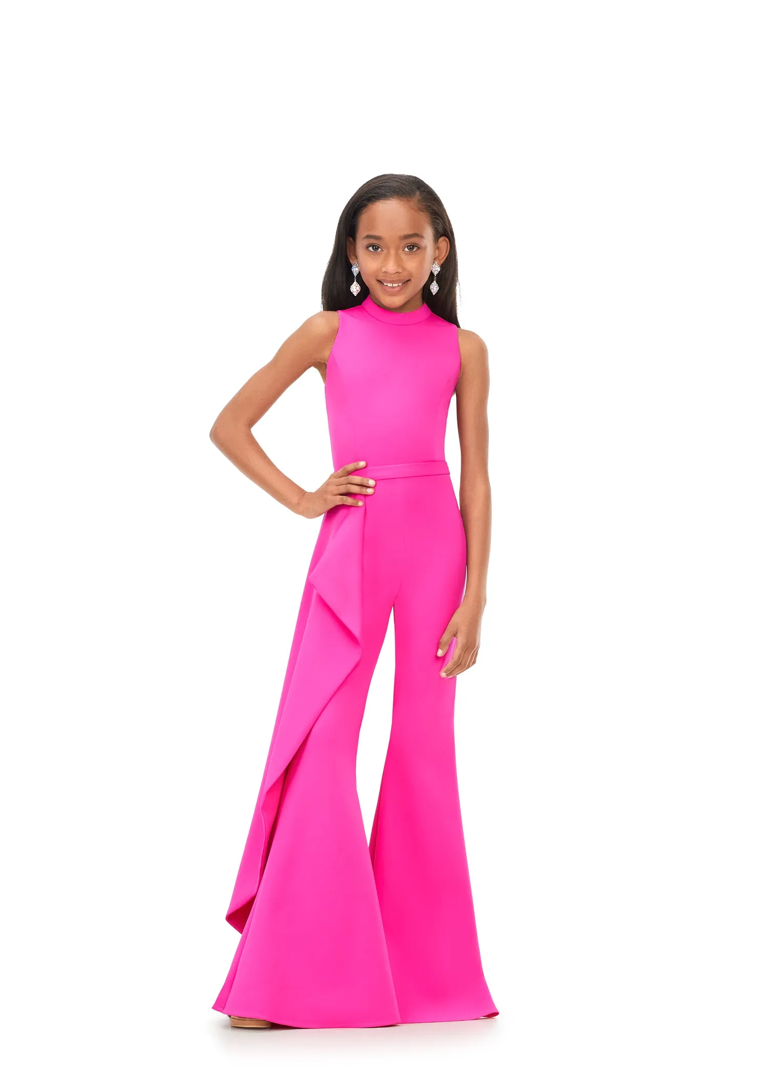 Ashley Lauren Kids 8158 Size 8 Fuchsia Girls Pageant Jumpsuit with Ruffle Side Scuba High Neckline