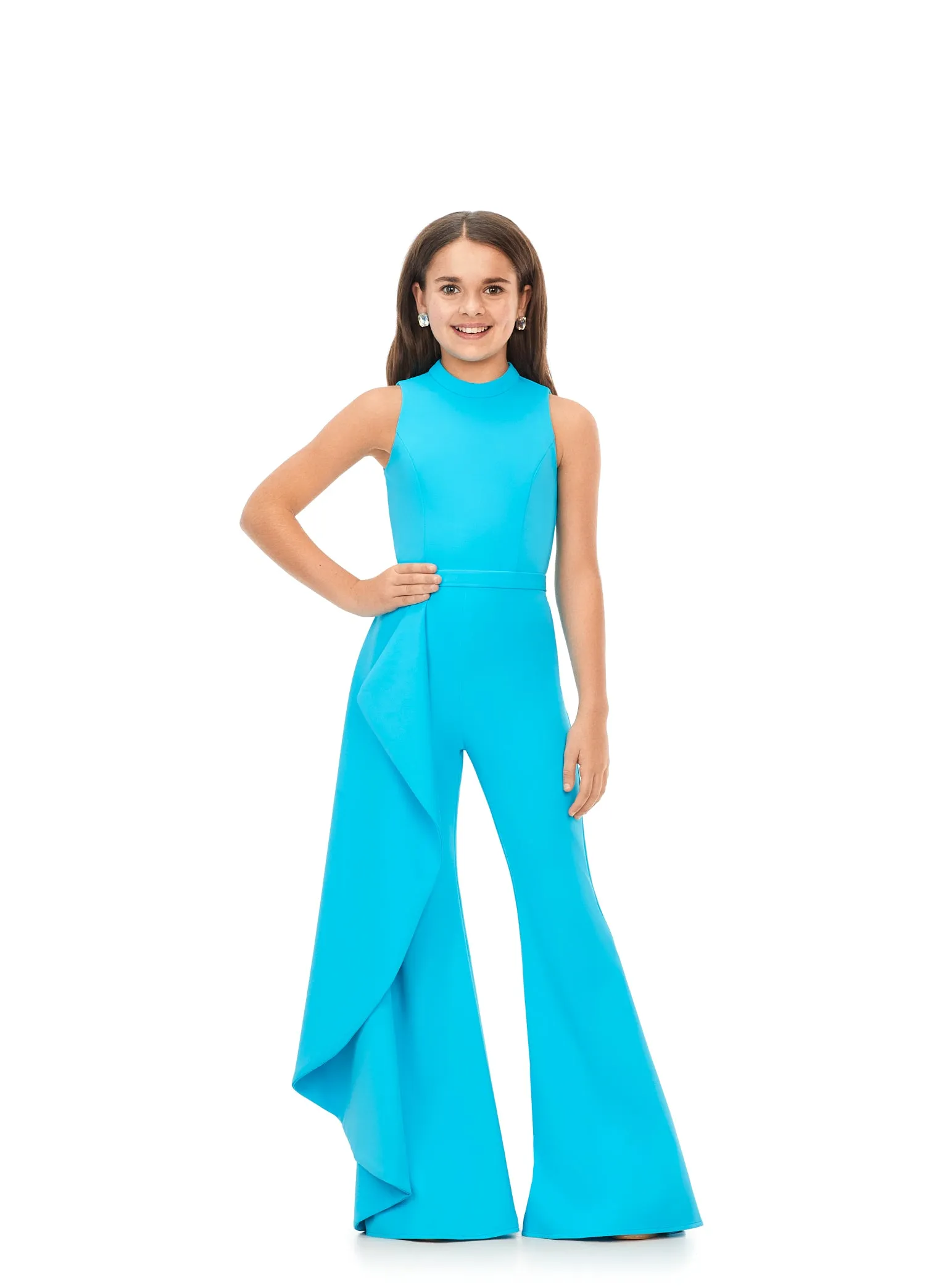 Ashley Lauren Kids 8158 Size 8 Fuchsia Girls Pageant Jumpsuit with Ruffle Side Scuba High Neckline