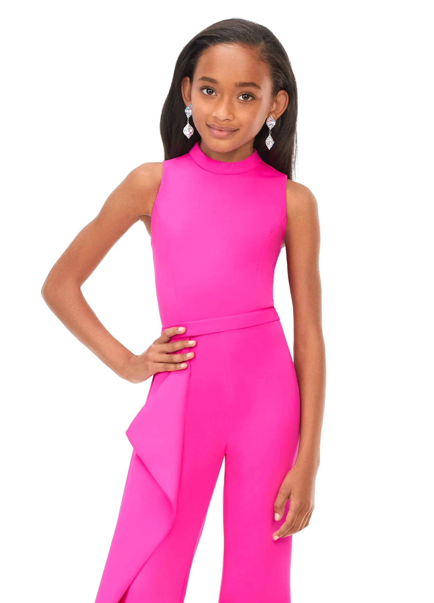 Ashley Lauren Kids 8158 Size 8 Fuchsia Girls Pageant Jumpsuit with Ruffle Side Scuba High Neckline