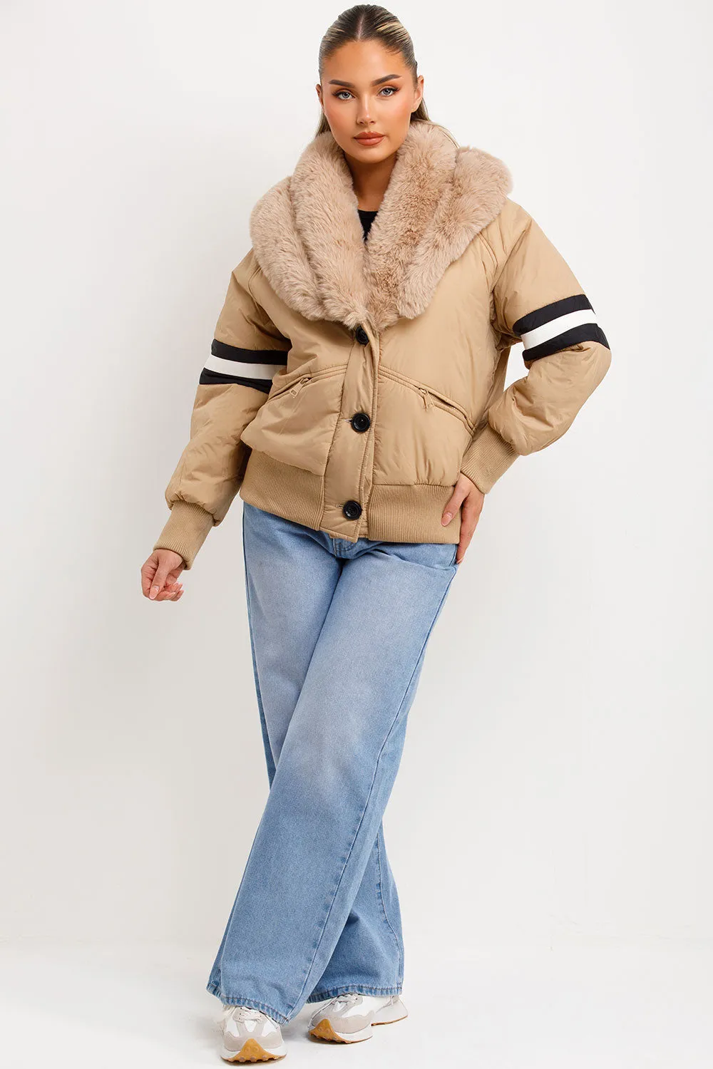 Aviator Bomber Jacket With Faux Fur And Stripe Detail Beige