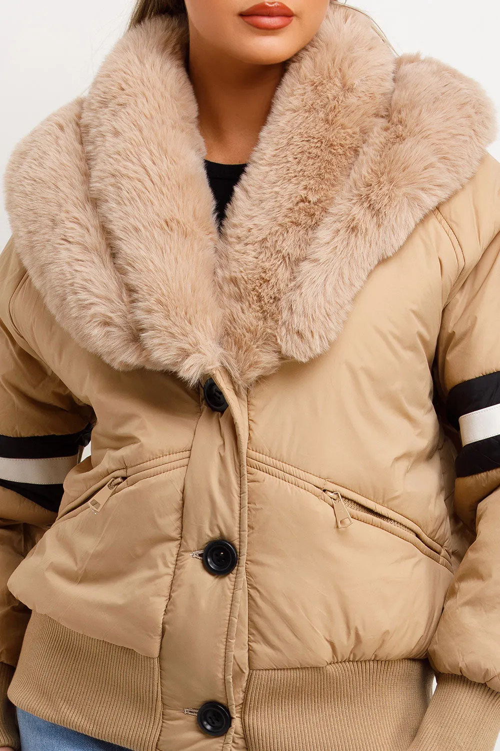 Aviator Bomber Jacket With Faux Fur And Stripe Detail Beige