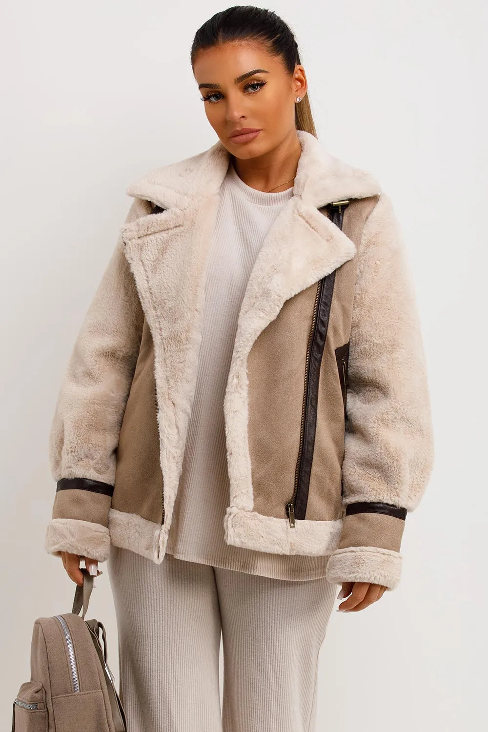 Aviator Jacket In Faux Suede With Fur Sleeves Beige