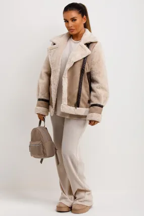 Aviator Jacket In Faux Suede With Fur Sleeves Beige