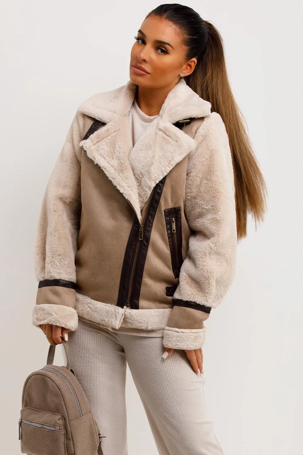 Aviator Jacket In Faux Suede With Fur Sleeves Beige