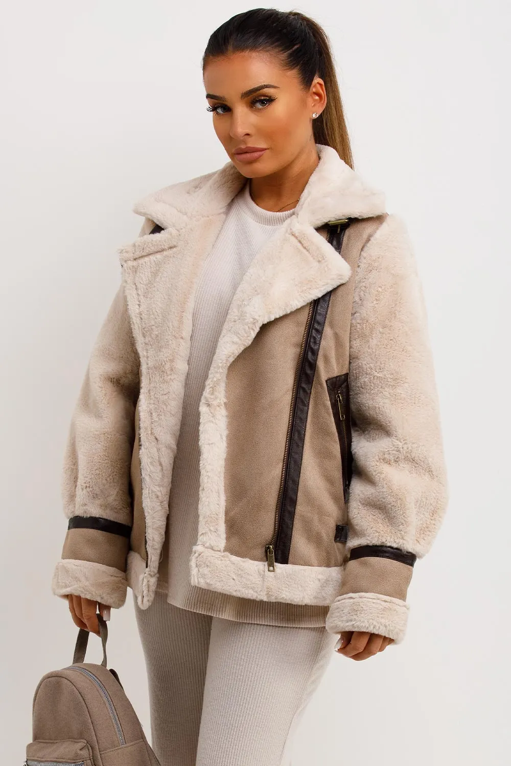 Aviator Jacket In Faux Suede With Fur Sleeves Beige