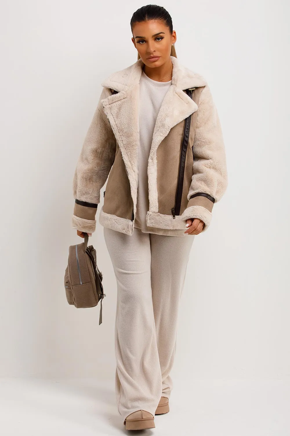 Aviator Jacket In Faux Suede With Fur Sleeves Beige