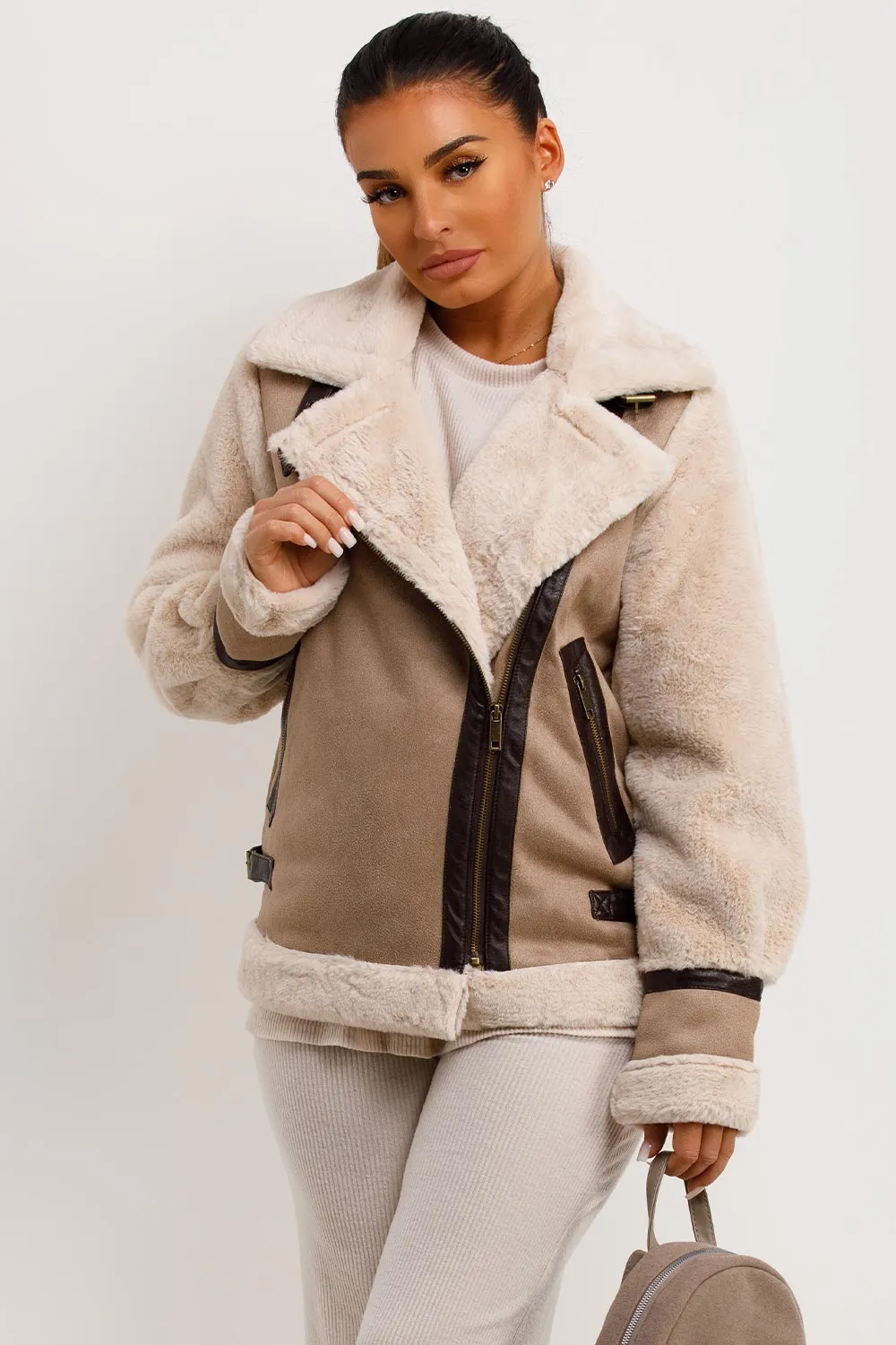 Aviator Jacket In Faux Suede With Fur Sleeves Beige