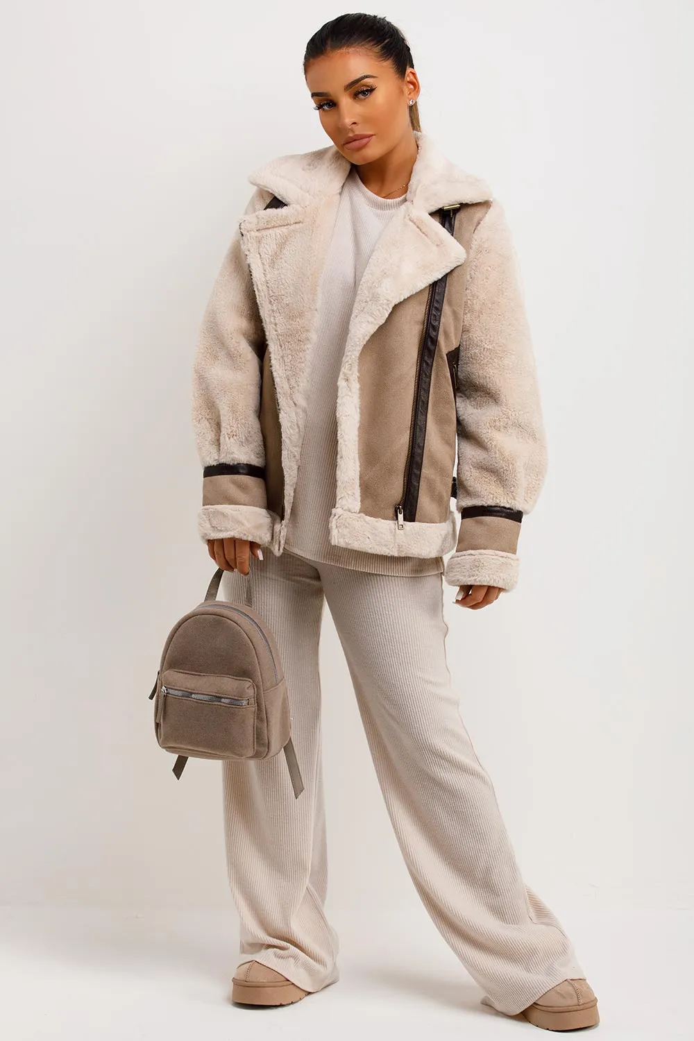 Aviator Jacket In Faux Suede With Fur Sleeves Beige