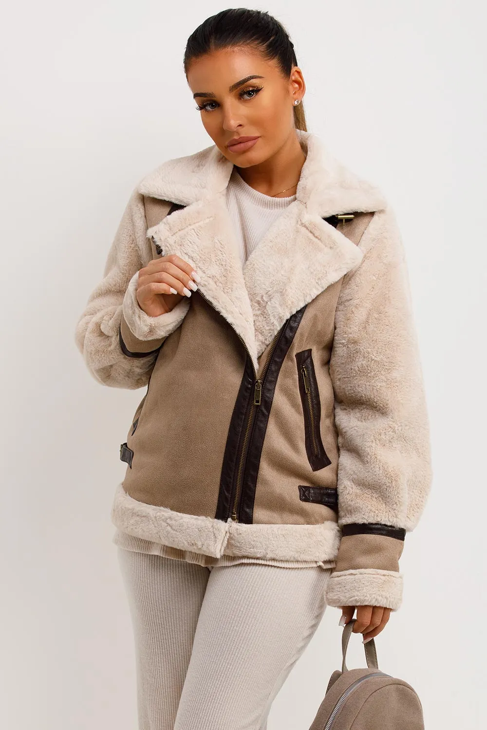 Aviator Jacket In Faux Suede With Fur Sleeves Beige