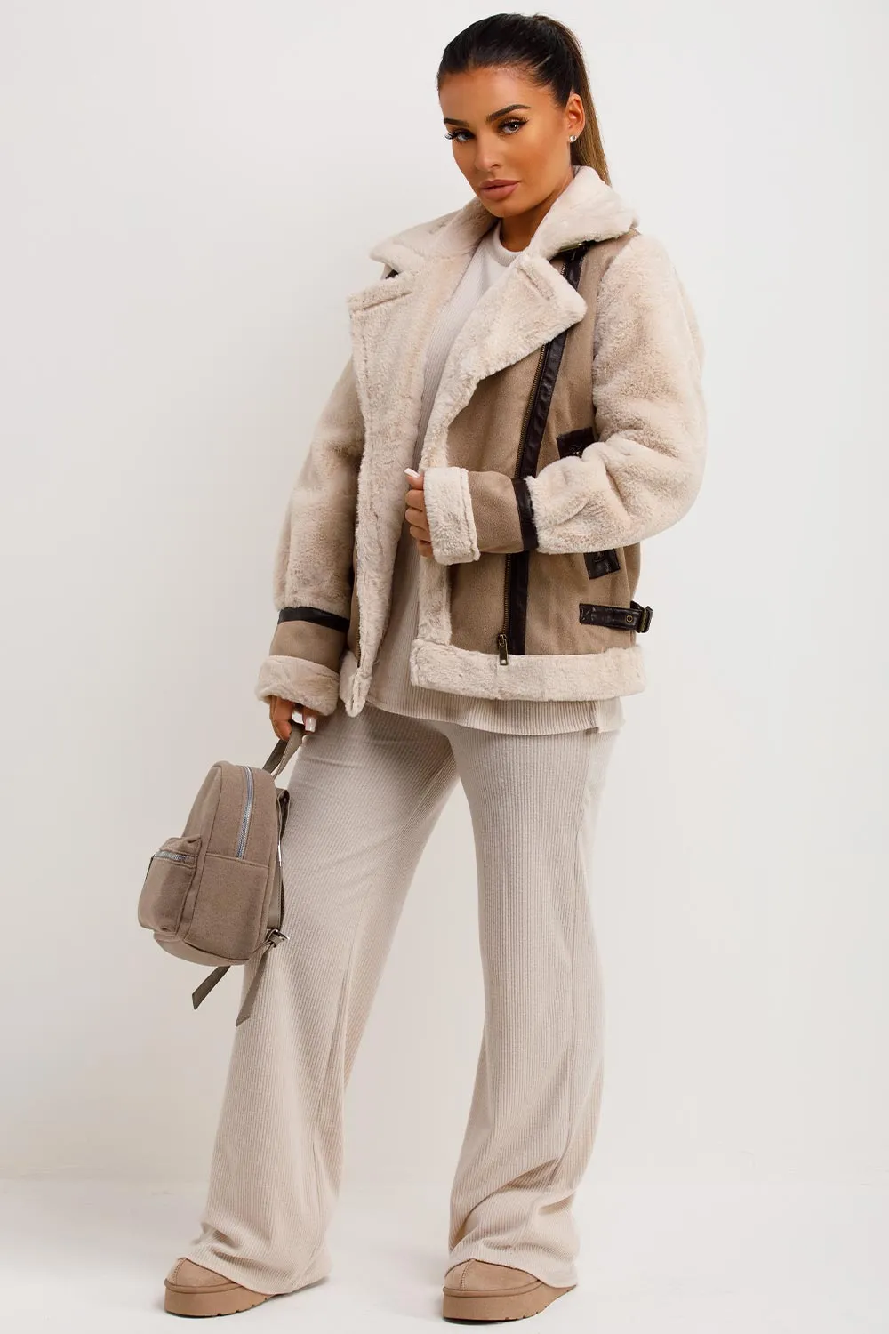 Aviator Jacket In Faux Suede With Fur Sleeves Beige