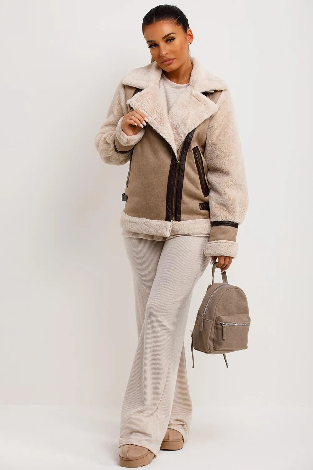 Aviator Jacket In Faux Suede With Fur Sleeves Beige