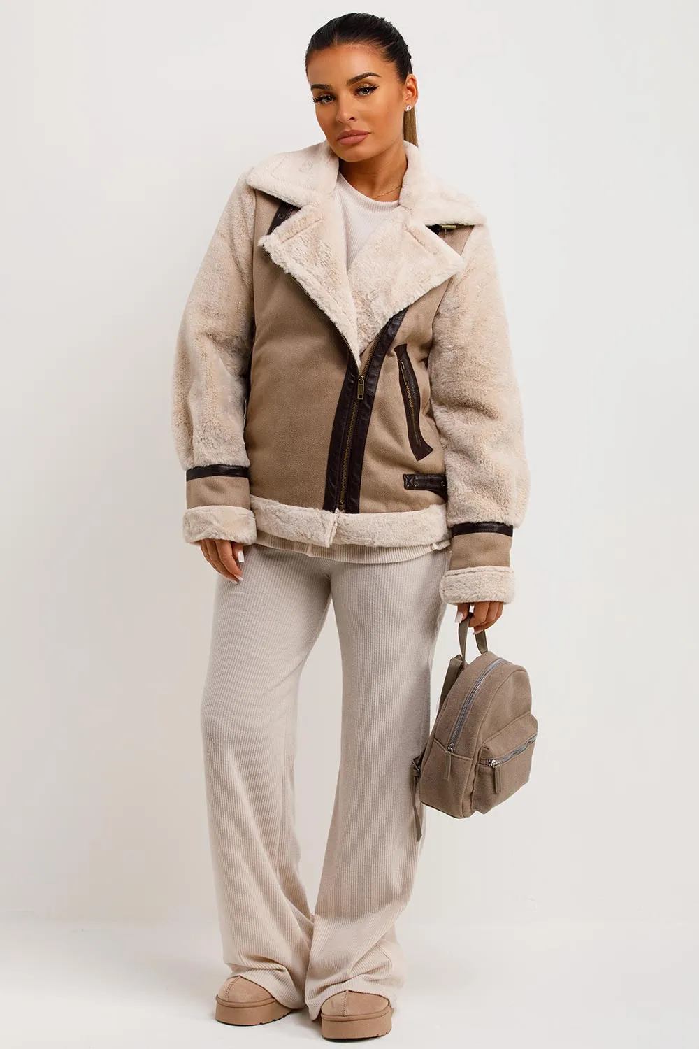 Aviator Jacket In Faux Suede With Fur Sleeves Beige