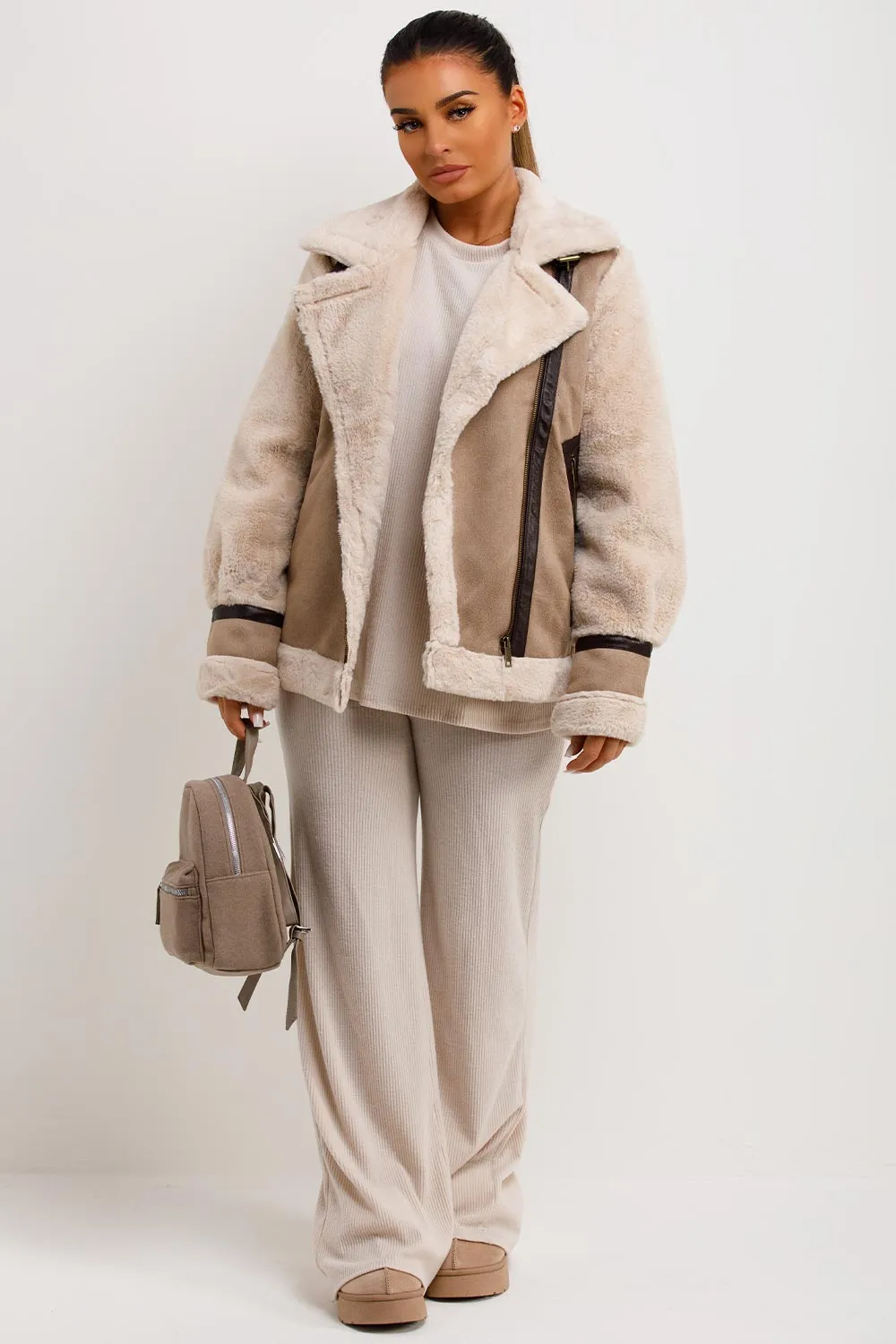 Aviator Jacket In Faux Suede With Fur Sleeves Beige