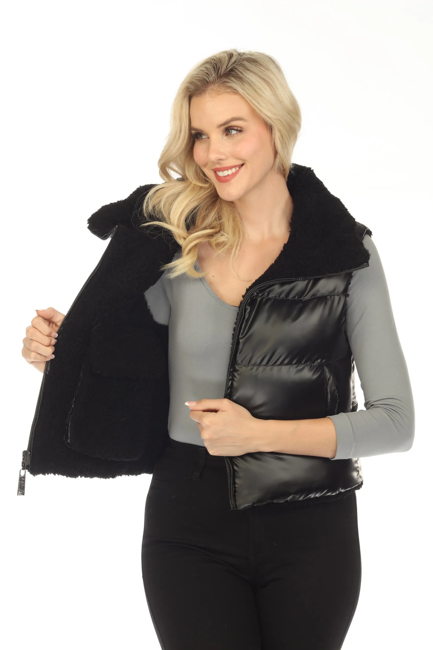 Belle Fare Premium Black The Lodi Faux Shearling Reversible Vest FXV67