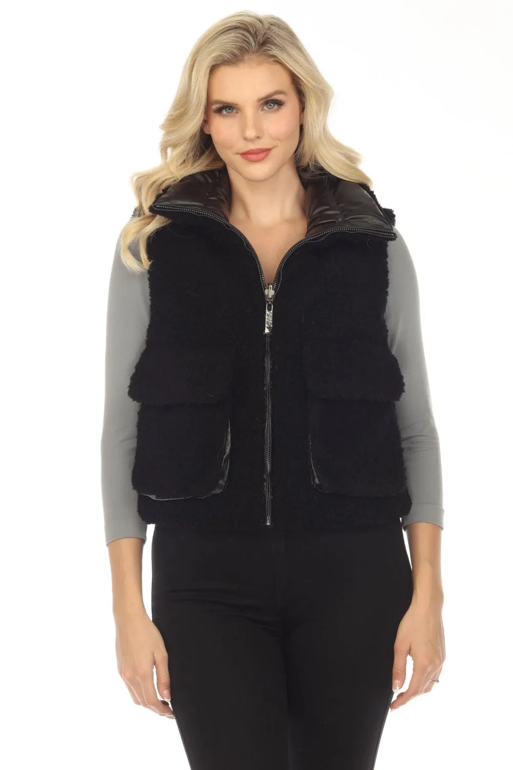 Belle Fare Premium Black The Lodi Faux Shearling Reversible Vest FXV67