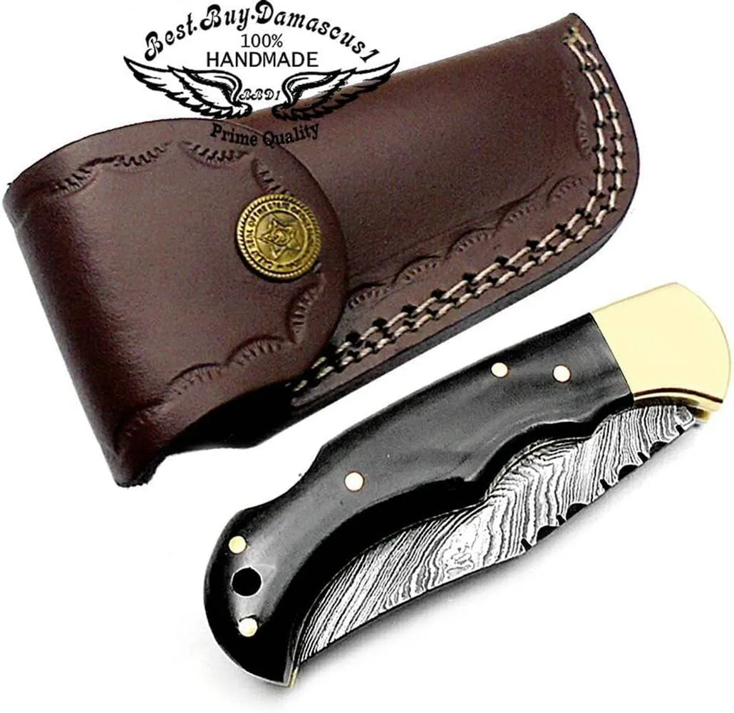 Best.Buy.Damascus1 Pocket Knife 6.5'' Damascus Steel Buffalo Horn Folding Knife Set, 3" Blade Lengh