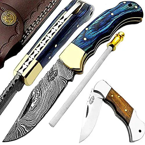 Best.Buy.Damascus1 Pocket Knife 6.5'' Damascus Steel Buffalo Horn Folding Knife Set, 3" Blade Lengh