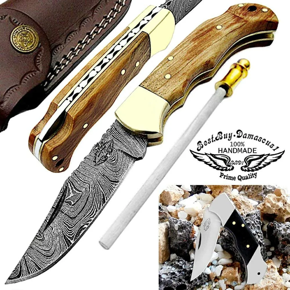 Best.Buy.Damascus1 Pocket Knife 6.5'' Damascus Steel Buffalo Horn Folding Knife Set, 3" Blade Lengh