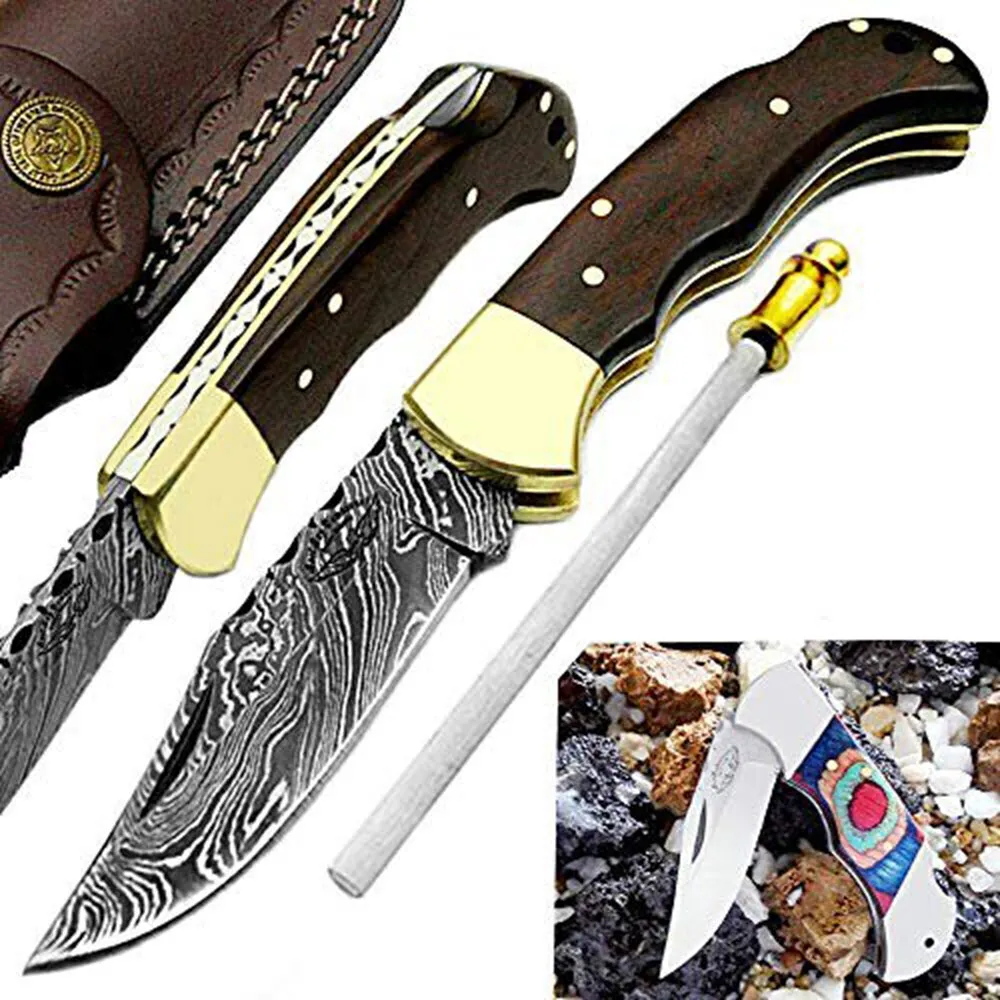 Best.Buy.Damascus1 Pocket Knife 6.5'' Damascus Steel Buffalo Horn Folding Knife Set, 3" Blade Lengh