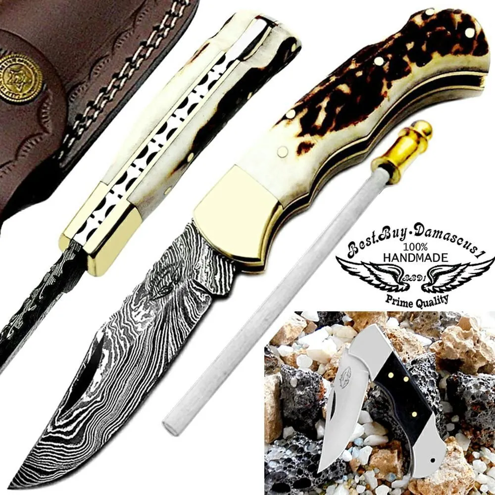 Best.Buy.Damascus1 Pocket Knife 6.5'' Damascus Steel Buffalo Horn Folding Knife Set, 3" Blade Lengh