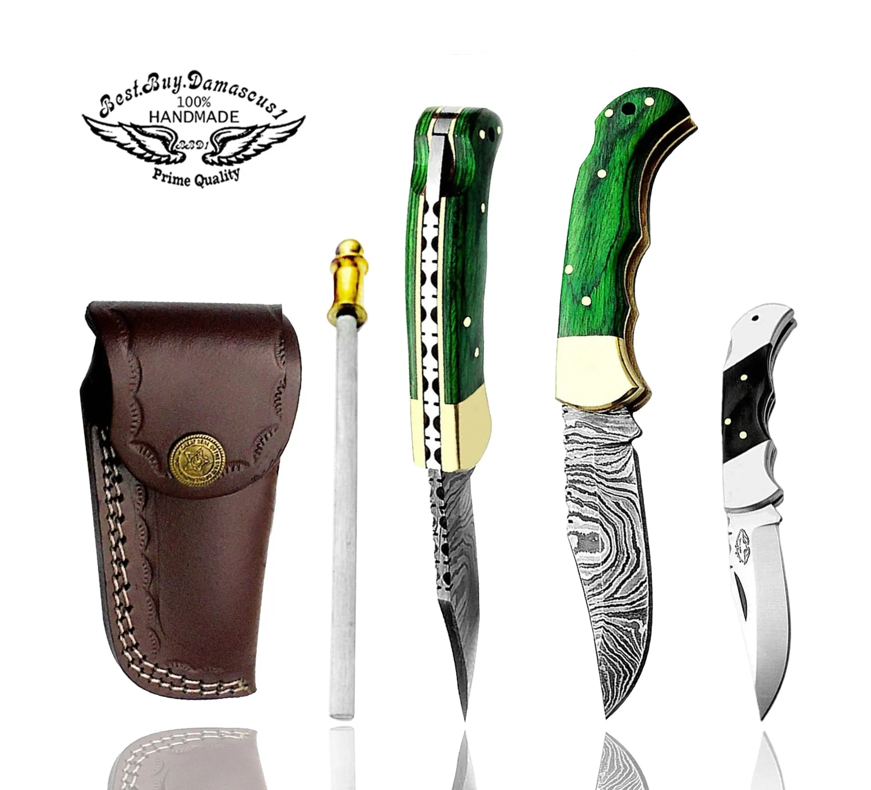 Best.Buy.Damascus1 Pocket Knife 6.5'' Damascus Steel Buffalo Horn Folding Knife Set, 3" Blade Lengh