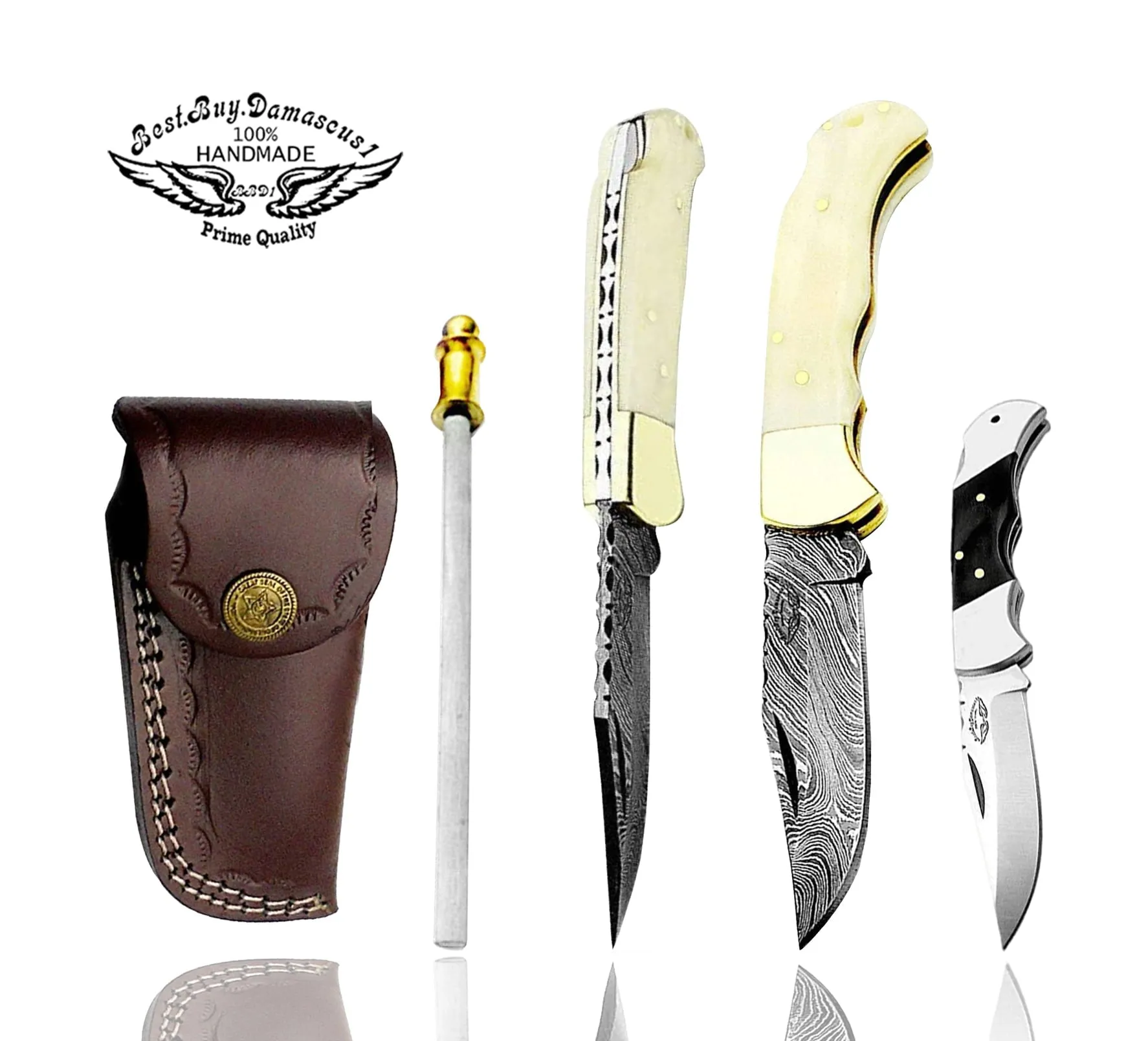 Best.Buy.Damascus1 Pocket Knife 6.5'' Damascus Steel Buffalo Horn Folding Knife Set, 3" Blade Lengh