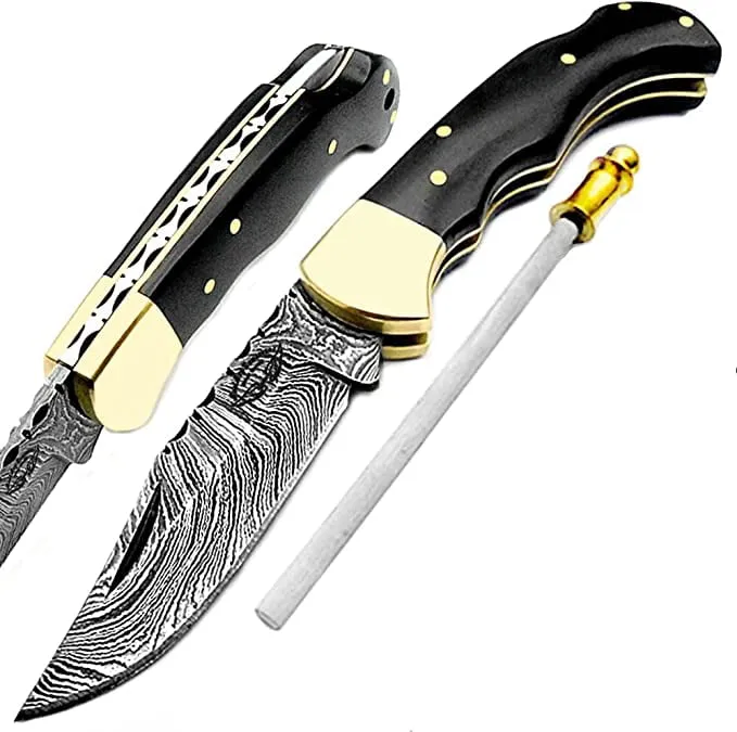 Best.Buy.Damascus1 Pocket Knife 6.5'' Damascus Steel Buffalo Horn Folding Knife Set, 3" Blade Lengh