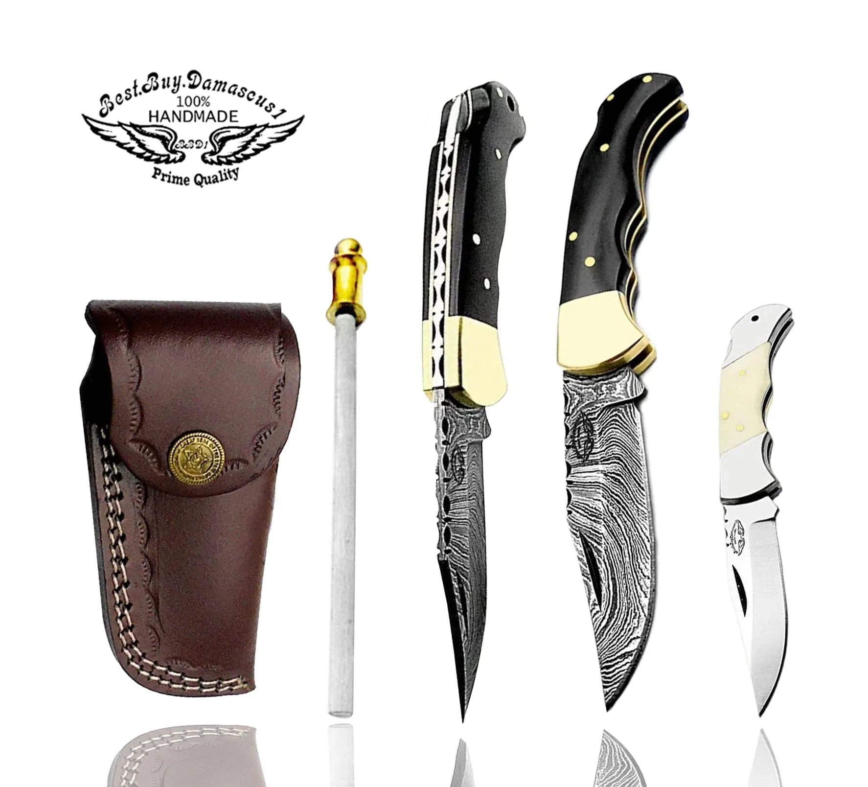 Best.Buy.Damascus1 Pocket Knife 6.5'' Damascus Steel Buffalo Horn Folding Knife Set, 3" Blade Lengh