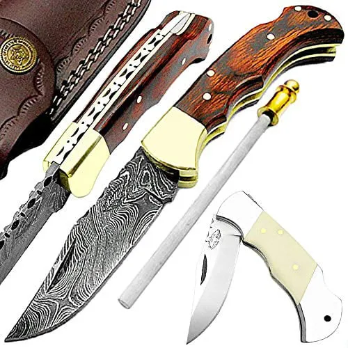 Best.Buy.Damascus1 Pocket Knife 6.5'' Damascus Steel Buffalo Horn Folding Knife Set, 3" Blade Lengh